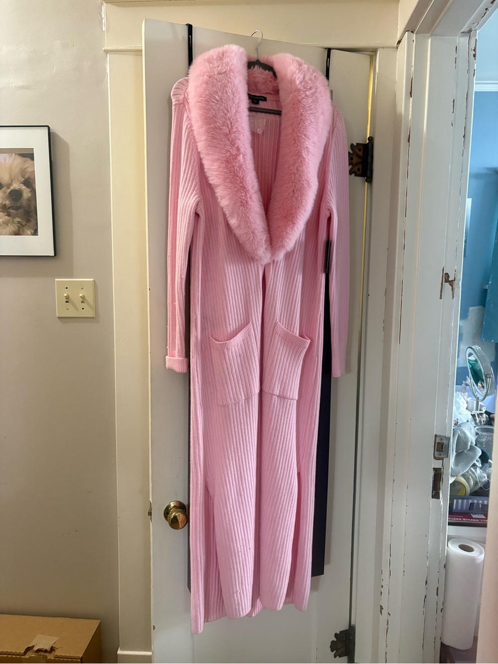 Boston Proper Pink Ribbed Cardigan with Faux Fur Collar